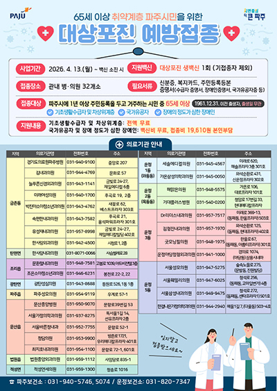 파주시, 65세 이상 취약계층 대상포진 예방접종 확대 실시